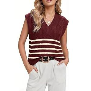 Glamaker Women Summer Striped Sweater Vest Sleeveless V Neck Knit Oversized Casual Cap Sleeve Spring Tops Trendy(Wine Red, Medium)