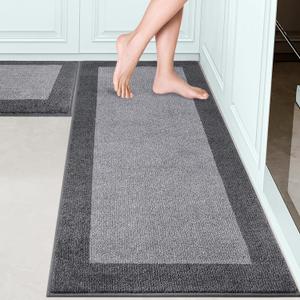 Machine Washable (24" x 36"+ 24" x 60"') Kitchen Rugs Set of 2, Non Slip Kitchen Mats for Floor, Absorbent Entrance Runner Rugs for Bedroom, Hallway, Bathroom, Door (Roll Packing) (Grey)