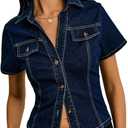 OYOANGLE Women's Short Sleeve Button Down Denim Jackets Collared Fitted Y2K Jean Shirt Tops 
Dark Wash S