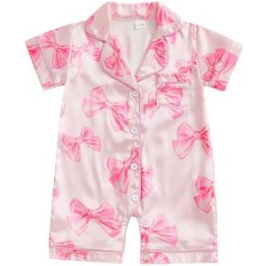 Kavousa Newborn Baby Girl Birthday Satin Pajamas Bow Cake Romper Button Down One-Piece Jumpsuit Sleeper Infant Silk Sleepwear 3-6M