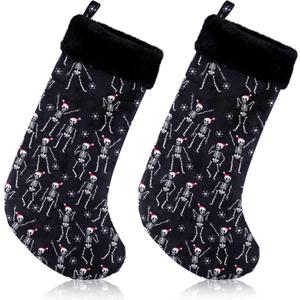 2 Pcs Gothic Christmas Stockings Velvet Hanging Stockings Black White Spooky Hand Embroidery Holiday Decor for Fireplace Goth Dark Alternative Christmas Decoration(Dancing Skeleton)