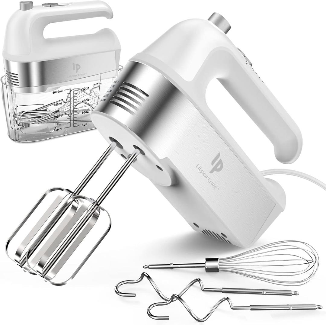 Hand Mixer Electric, 450W Kitchen Mixers with Scale Cup Storage Case, Turbo Boost/Self-Control Speed + 5 Speed + Eject Button + 5 Stainless Steel Accessories, For Easy Whipping Dough, Cream, White