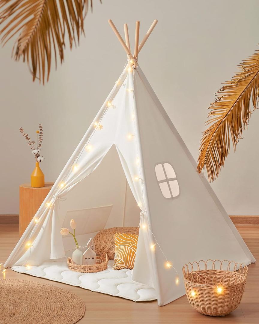 Tiny Land Teepee Tent for Kids 100% Cotton Play Tent with Padded Mat & Star Lights, Foldable with Carry Bag, Indoor Play Tent for Girls & Boys