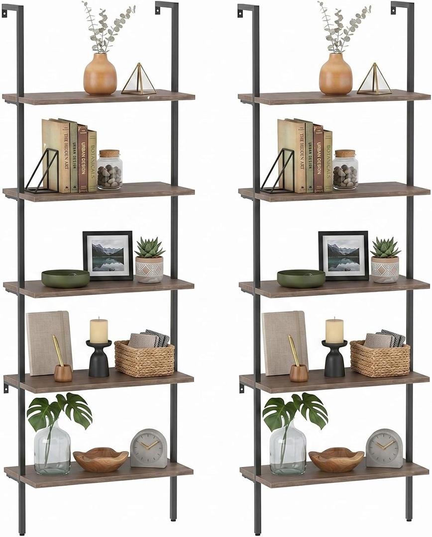 aboxoo Ladder Shelf 2PCS Open Bookshelf 5-Tier Wall-Mounted Wood Bookcase Rack Open Back Industrial Modern Plant Flower Stand Utility OrganizerMetal Frame Furniture Office Kitchen Bedroom (Brown)
