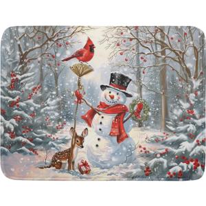 Winter Snowman Dish Drying Mat for Kitchen Counter Red Bird Berry Dishes Drainer Mats Holiday Microfiber Absorbent Dish Rack Pad 18x24 Inch