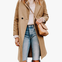 Women's Notch Lapel Double Breasted Wool Blend Mid Long Pea Trench Coat, Beige, S