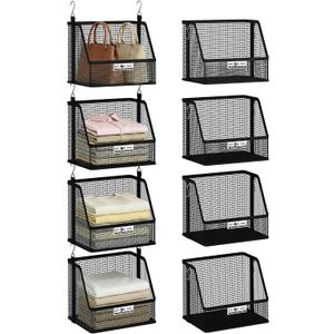 STORAGE MANIAC 4 Tier Hanging Closet Organizer with Mesh Baskets, Clothes Hanging Shelves, Foldable Stackable Storage, Space-Saving Collapsible Basket with Hooks for RV, Dorm, Bedroom, College, Black