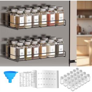SpaceAid 2 Pack Magnetic Spice Rack with 24 Spice Jars, 400 Labels and Funnel, Space Saving Refrigerator Fridge Oven Shelf Organizer