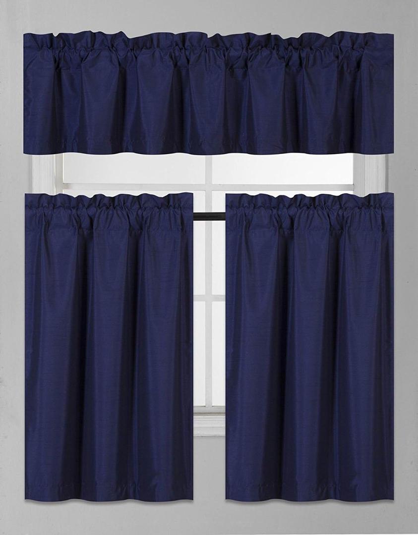 Fancy Collection 3 Pieces Faux Silk Blackout Kitchen Curtain Set Tier Curtains and Valance Set Solid Navy Blue Window Set Thermal Backing Drapes Assorted Colors New