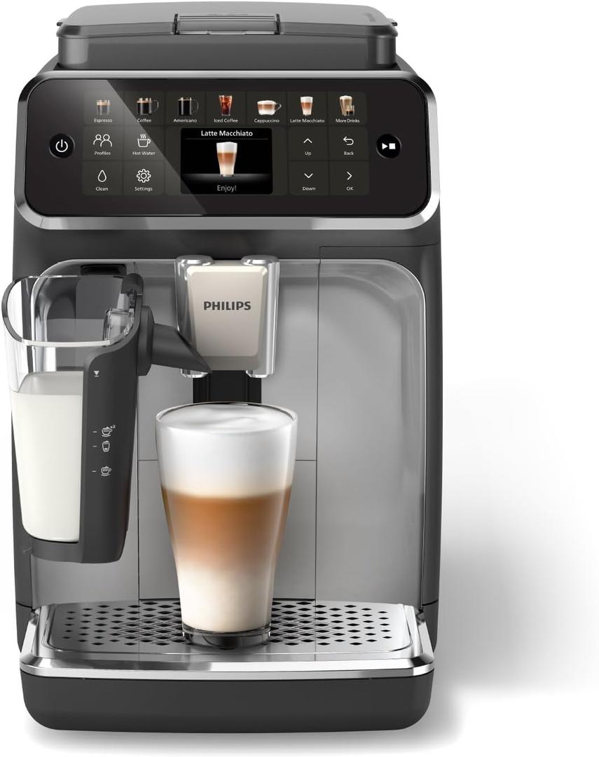 Philips 4400 Series Fully Automatic Espresso Machine  12 Hot & Iced Coffees, Quick-to-Clean LatteGo Milk System, SilentBrew, QuickStart, Ceramic Grinder, Black Chrome (EP4444/90)