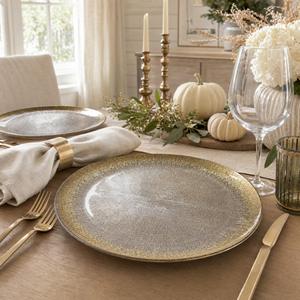 Hafyow Gold Glass Charger Plates, Set of 4, 13 Inch Round Clear Chargers for Dinner Settings with Bottom Foil Accent for Wedding Party Table Decor