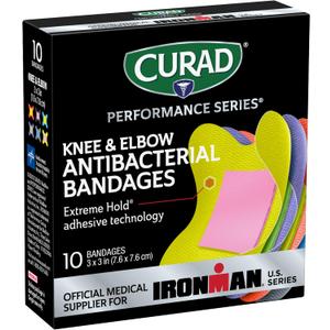 CURAD Performance Series Antibacterial Bandages, Extreme Hold Adhesive Technology, Knee & Elbow 3 inches x 3 inches, 10 Count, Ideal for Cuts, Scrapes, Sports, and Active Lifestyles