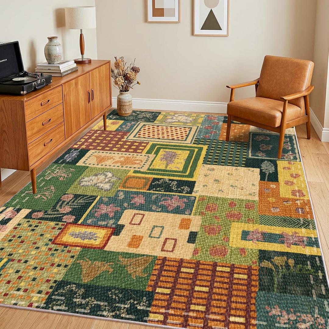 Flowers Patchwork Area Rugs for Living Room,Washable 5x7 Vintage Cottagecore Botanical Rug, Green Boho Carpet, Non-Slip Low Pile Rug for Bedroom Dining Room Office Home Hardwood Floor