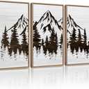 KUVIOKE Mountains Tree Framed Wall Art Boho White Forest Nature Landscape Artwork Painting Morden Country Woodcut Wood Wall Decor Rustic Home Decor for Bedroom Farmhouse 16x24in (Natural Framed)