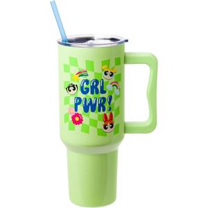 Silver Buffalo Powerpuff Girls Girl Power Groovy Retro Featuring Blossom, Bubbles, and Buttercup Stainless Steel Tumbler with Handle and Straw, Fits in Standard Cup Holder, 40 Ounces