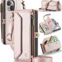 Wallet Case Compatible with iPhone 15 RFID Blocking 7-Card Holder Soft PU Leather Magnetic Snap Shoulder Strap Zipper Pocket Phone Case Fit for iPhone 15 for Women 6.1" - Rose Gold