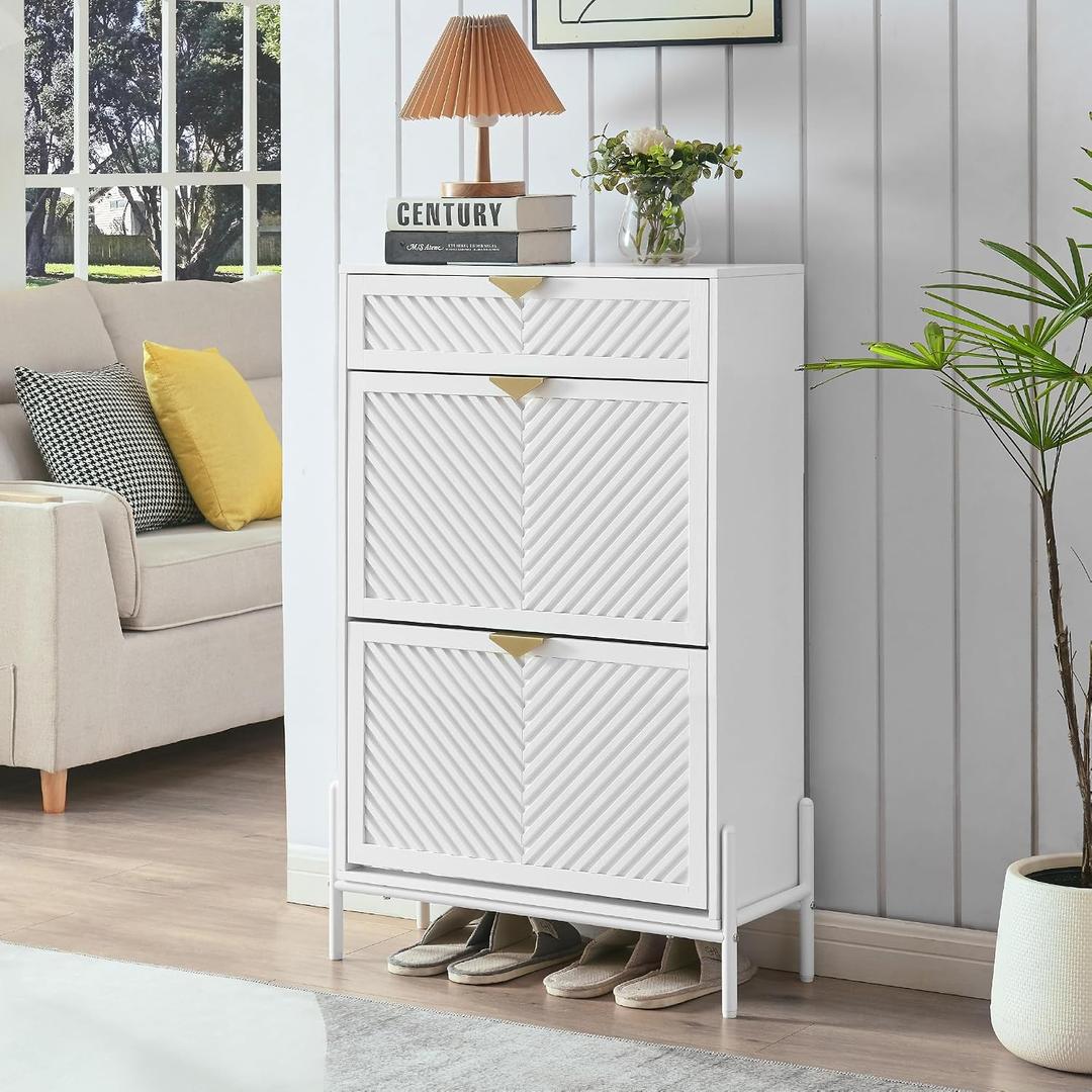 Shoe Cabinet Storage with 2 Flip Drawers, Narrow Hidden Shoes Organizer Cabinet for Entryway, Freestanding Slim Shoe Rack Front Door Entrance(White), Medium