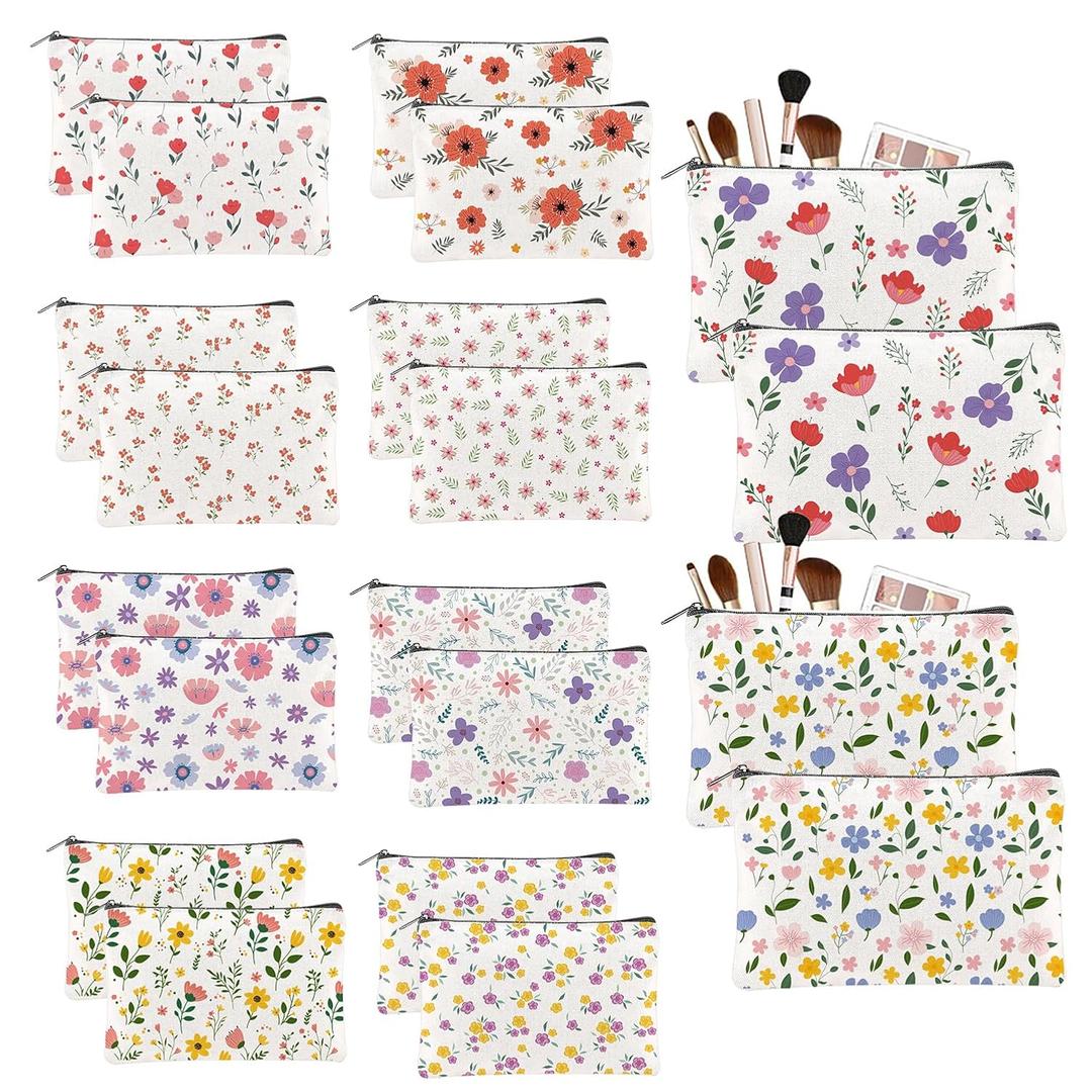 20PCS Flower Canvas Makeup Bags Bulk Floral Cosmetic Bags for Women and Girls Multicolor Travel Pouch Wildflower Canvas Toiletry Bag Bulk Makeup Organizer Bags for Friendgiving Friend Gifts