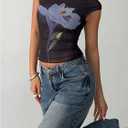 SOLY HUX Women's Y2k Floral Mesh Tops Short Sleeve Aesthetic T Shirts Music Festival Concert Outfit (Black, M)