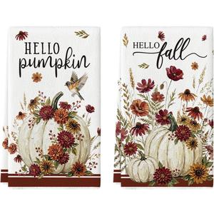 2 x Artoid Mode Pumpkin Floral Bird Fall Kitchen Towels Set of 2 18x26 Inch