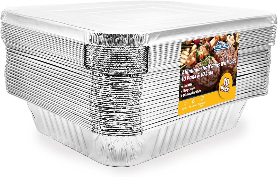 EHOMEA2Z Aluminum Foil Pans With Lids Half Size (10 Pack) 10 Lids and 10 Pans, 9x13 Prepping, Roasting, Food, Storing, Heating, Cooking, Chafers, Catering, Buffet Supplies