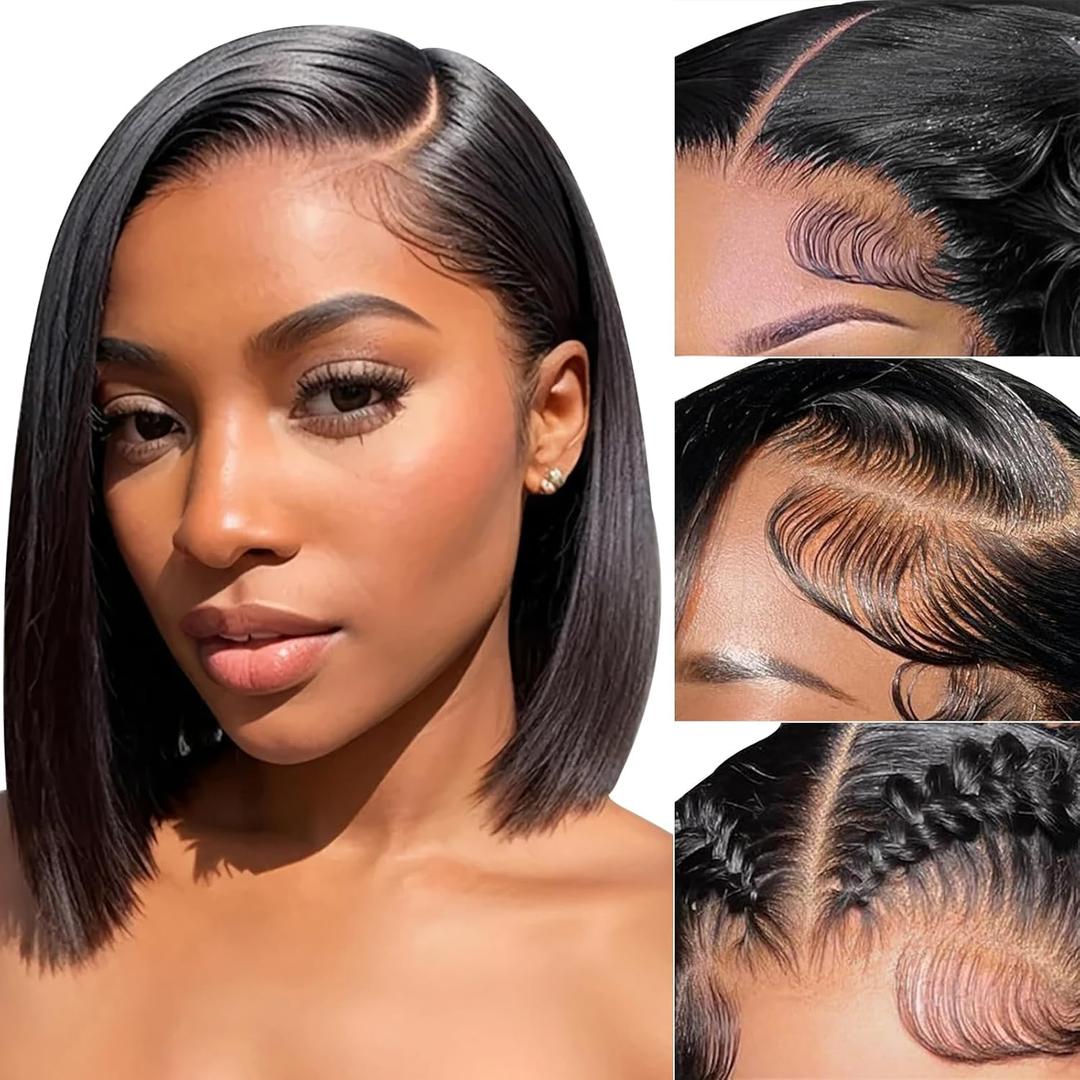 Bob Wig Human Hair 180% Density 13x4 HD Transparent Lace Front Wigs Human Hair Pre Plucked Short Bob Glueless Straight Wigs Human Hair for Women Natural Black 10 Inch