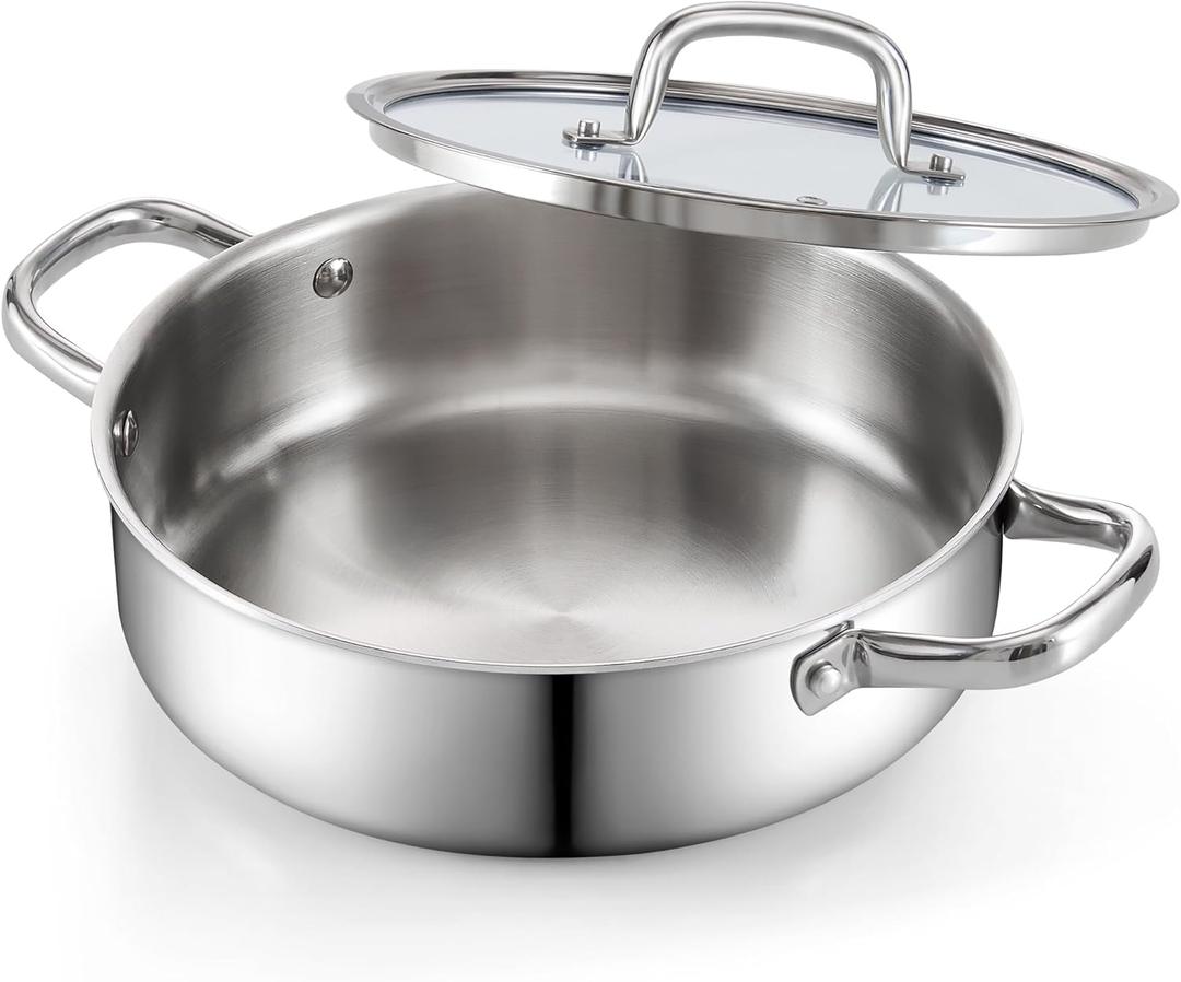 Cook N Home 4 Quart Stainless Steel Saute Pan, 3 Ply Clad Stainless Deep Frying Pan with Lid, 10.5 Inch Induction Skillet Pan, Dishwasher and Oven-Safe, Silve