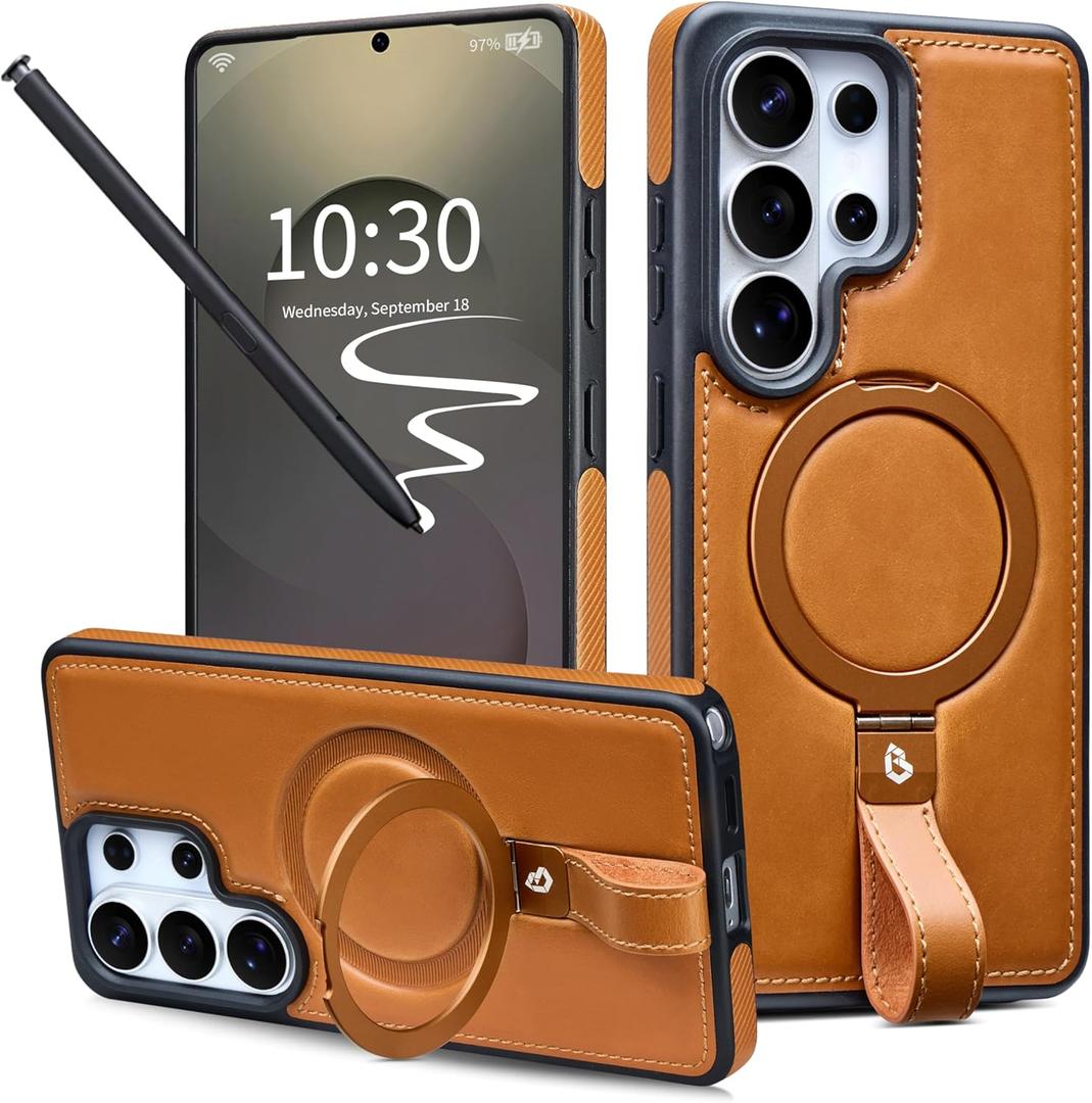 Butaiga for Samsung Galaxy S26 Ultra Case Leather with Stand, Anti-Slip Grip Ring, Fits for MagSafe (Brown, S26 Ultra)