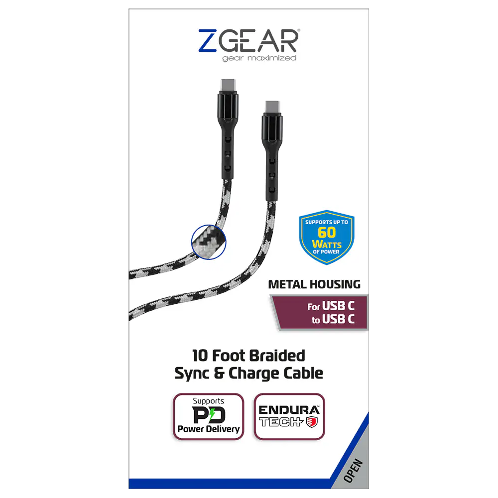 ZGear 10 Foot Braided Sync & Charge Cable - White/Black, For USB-C TO USB-C