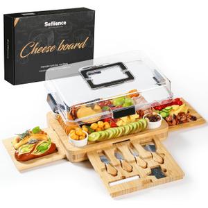 Charcuterie Board with Drawer, Bamboo Cheese Board Set with Locking Lid & Utensils, Portable Serving Tray, Unique Housewarming Gifts, Wedding Gifts for Couples, Birthday Gifts for Women (10.8" x 14.8" x 2", 3 Drawers Black)