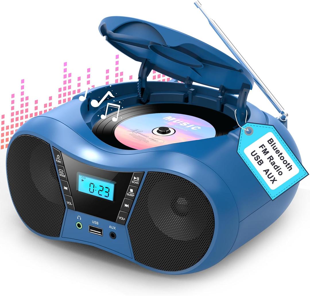 Greadio Boombox CD Player for Home with Bluetooth, Portable CD Player Boom Box with FM Radio, Stereo Sound, AC/Battery Powered, CD/CD-R/RW Compatible, Support AUX/USB/Headphone (Blue)