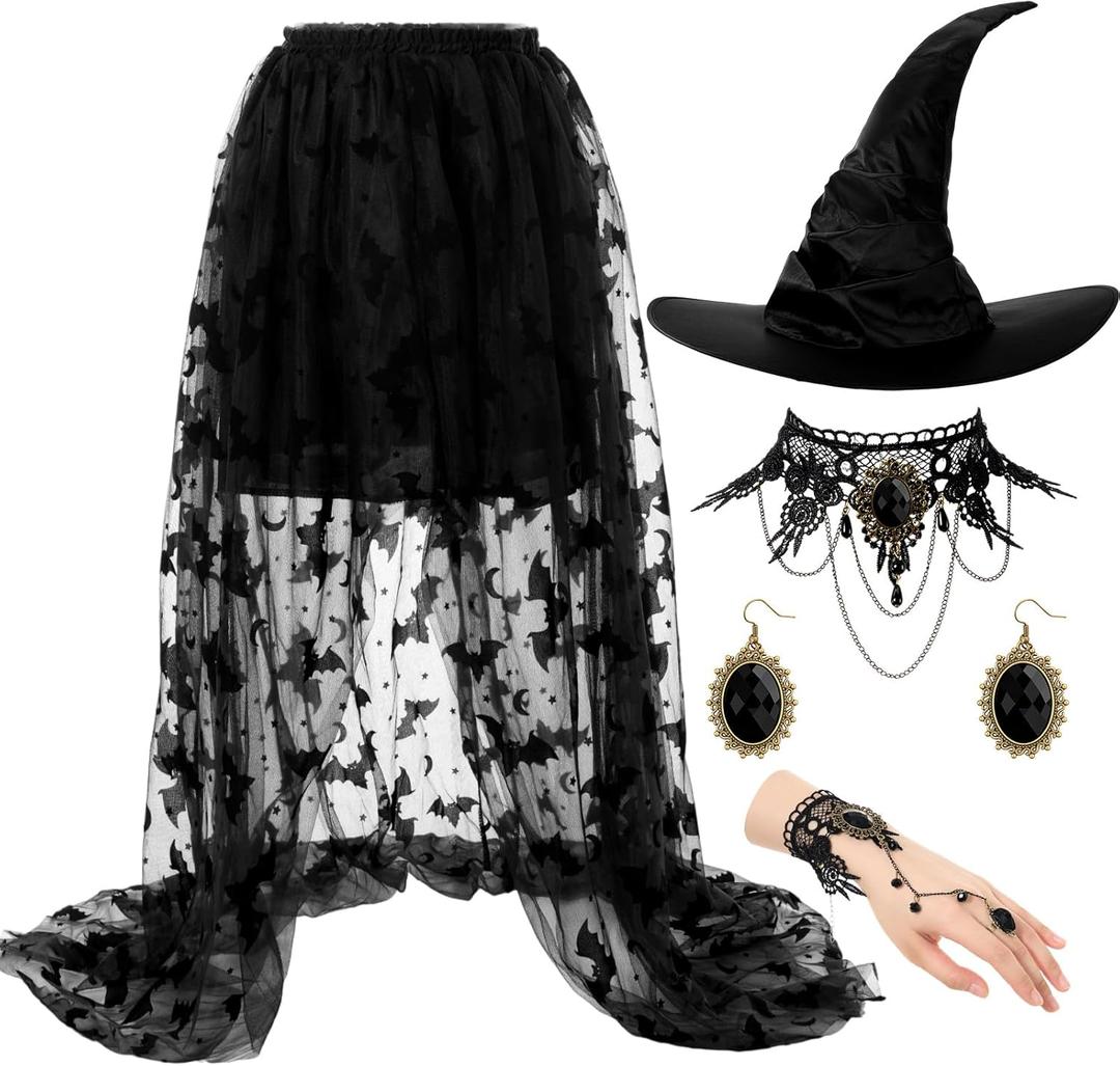 Halloween Witch Costume for Women Steampunk Lace Skirt with Hat Necklace Bracelet Earrings Cosplay Set (Small)