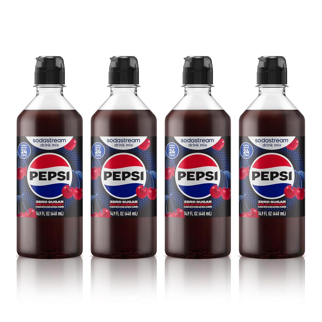 SodaStream Pepsi Wild Cherry Zero Sugar New Pour Bottles Drink Mix (440ml, Pack of 4)