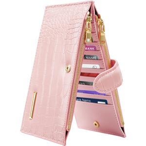 Wallet Women Crocodile Large Capacity Wallets RFID Blocking Multi Card Organizer Womens Billfold Long Purse Credit Cards Holder with Double Zipper,Pink