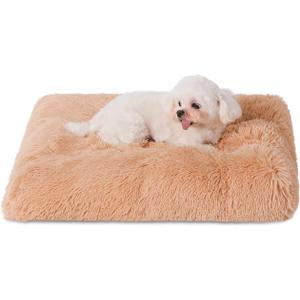 Bedfolks Plush Waterproof Dog Crate Bed, Removable Washable Cover, Faux Fur, Fluffy Kennel Bed 23"x18", Camel