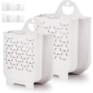 Laundry Basket Collapsible Laundry Hamper 2 Packs Clothes Hamper Portable Dirty Clothes Basket Smart Saving Space Hampers for Laundry Dorm Room Ventilated Design (White)