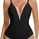 Deep V Bodysuit for Women Thong Shapewear Tummy Control Low Back Shapewear for Women, Black, Size M