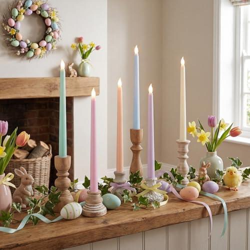 Kittmip 6 Pcs Easter Flameless Taper Candles 10.8 Inch Pastel Candles Battery Operated LED Candlesticks for Easter Dinner Table Home Party Decor