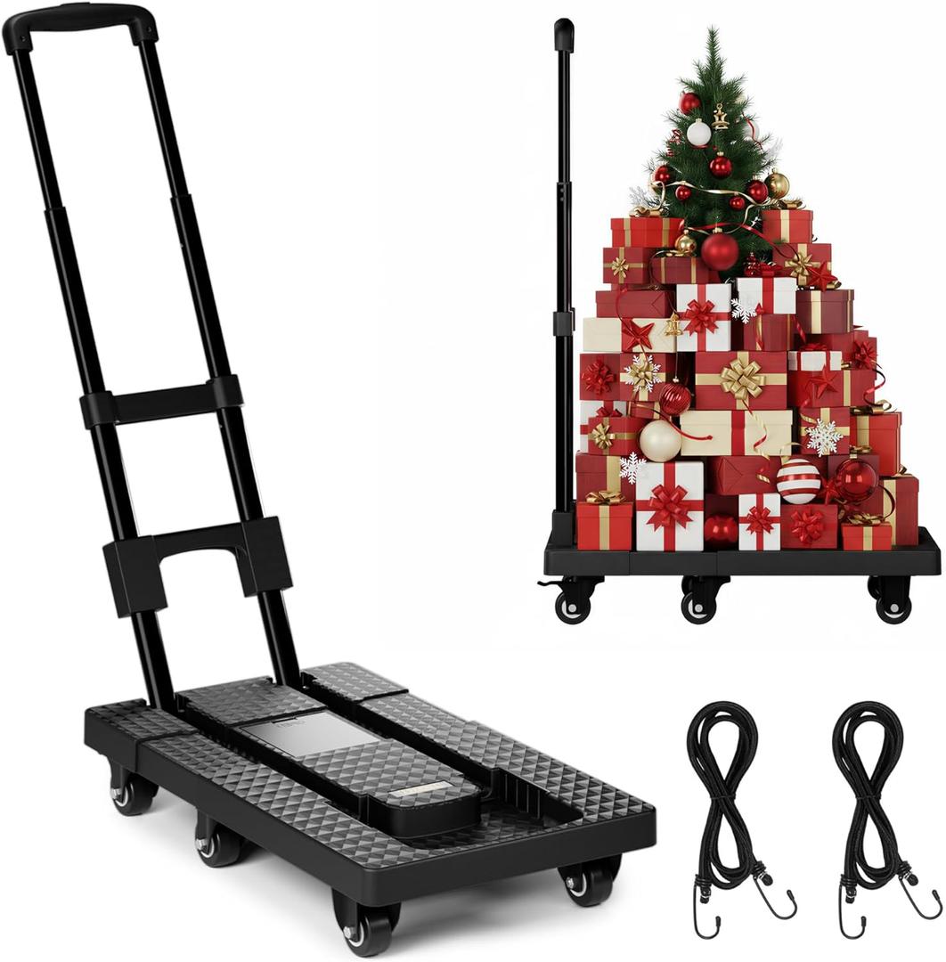 Dolly Cart with Wheels 440lbs, Folding Hand Truck with 6 TPE Wheels (2 with Brakes) & 21 in Extendable Full Platform, Foldable Cart with 2 Elastic Straps for Easy Moving, Travel, and Storage, Black