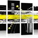 Large Black Yellow Canvas Wall Art - 4 Panels Modern Abstract Picture Set for Home Decoration - Contemporary Painting Artwork Ready to Hang Living Room Bedroom W48" x H36"