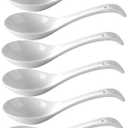 Ceramic Asian Soup Spoons, Set of 6 - Large Deep Oval Japanese Spoons for Ramen, Pho, Wonton, Miso & Noodles, White Chinese Soup Spoons