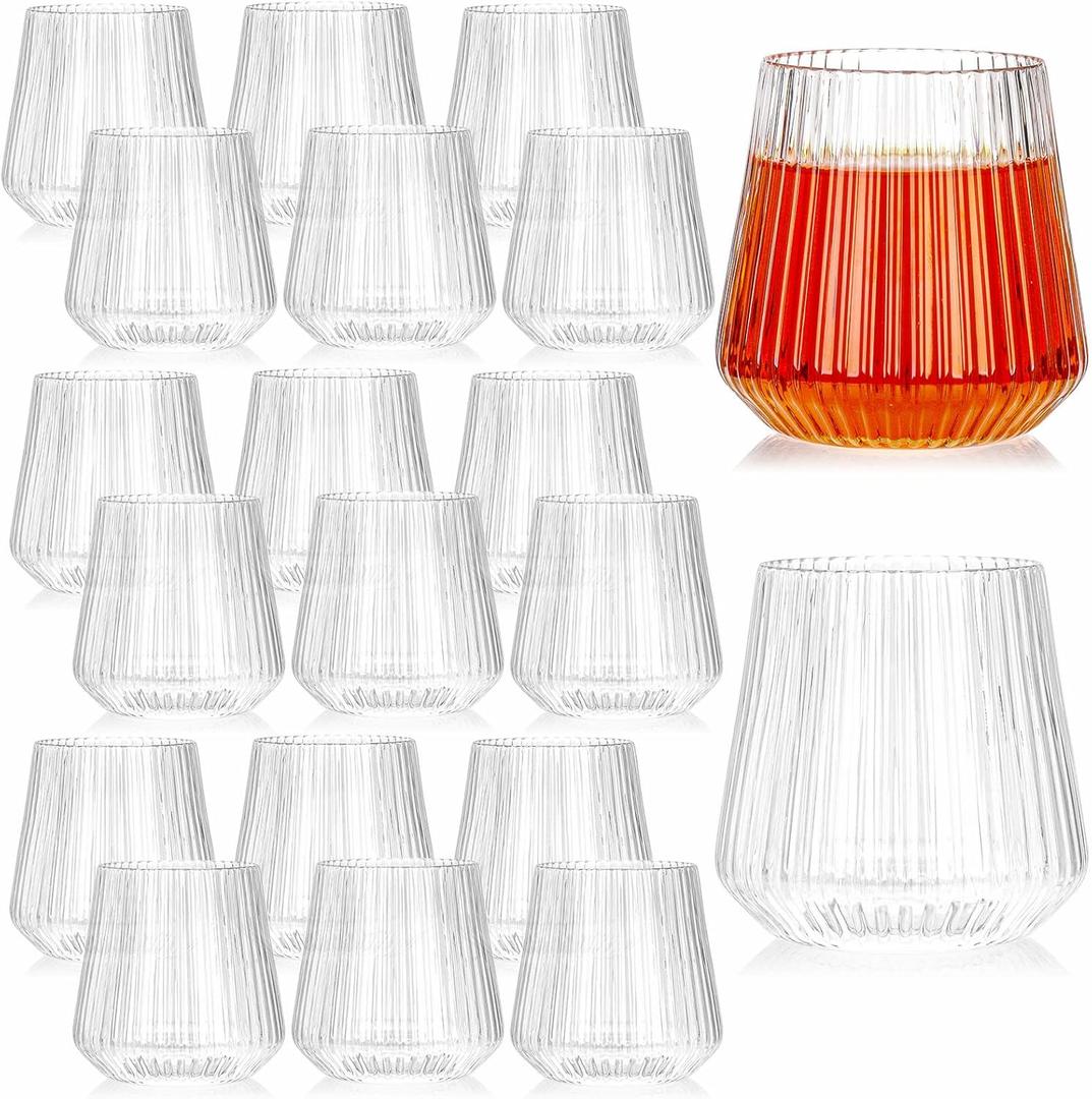 Tebery 20 Pack Plastic Ribbed Wine Glasses, 14Oz Origami Style Ridged Drinking Glasses Tumbler, Unique Vintage Stemless Cups Disposable & Reusable for Champagne, Dessert, Catering, Weddings
