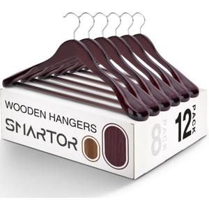 SMARTOR Suit Hangers for Men 12 Pack, Wide Shoulder Wooden Suit Hangers with Non Slip Pant Holder, Wide Hanger for Suit, Coat, Jacket, Gown, Heavy Duty Wood Suit Hanger, Cherry