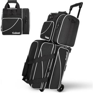 Goloni 3 Ball Bowling Bag with Wheels, 2+1 Double Roller Bowling Bag with Shoe Compartment (US Size 15), 600D Polyester Bowling Bag with Removable Tote Bag for Bowling Accessories