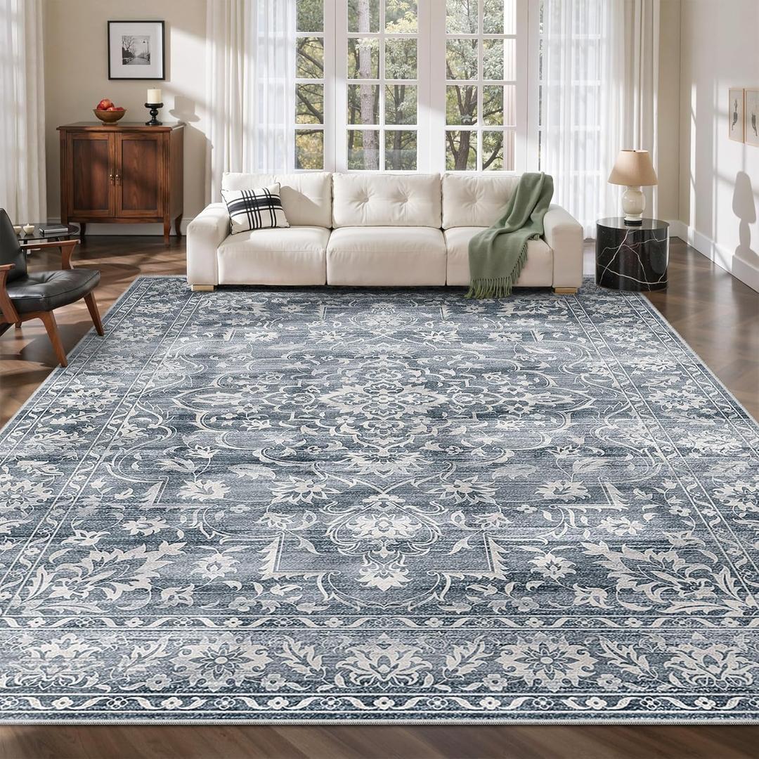 Soalmost 8x10 Washable Area Rugs for Living Room, Vintage Floral Stain Resistant Non-Slip Low Pile Neutral Rug Soft Throw Large Carpet for Dining Room Bedroom Home Office (Blue, 8'x10')