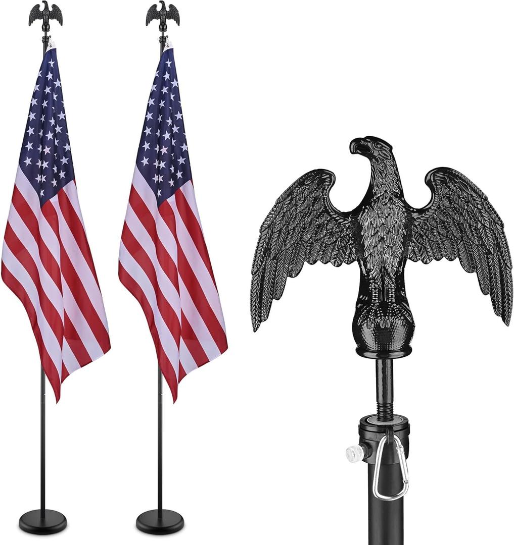 Yeshom 2 Pack 8FT Sectional Indoor Flag Pole Kit Blacked Eagle Topper Aluminum Heavy Duty Black Pole Stand with 3x5Ft US Flag & Base Stand for Office School City Hall Reception Room Commercial