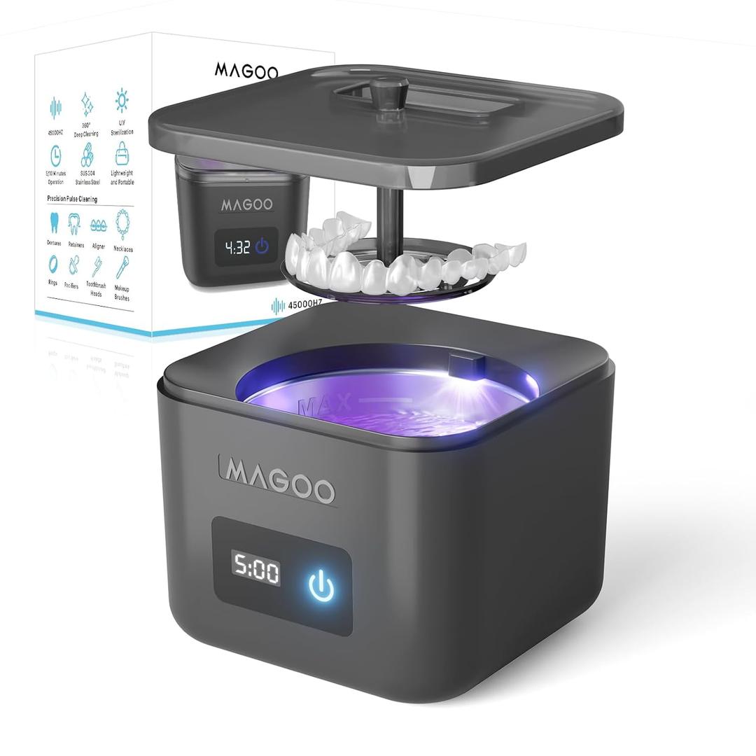 Ultrasonic Retainer Cleaner Machine, Denture Cleaner, All-in-One Dental & Jewelry Cleaner for Aligners, Night Guards, Dentures, Braces, Mouth Guards, Toothbrush Heads, 45kHz, 200ML, Dual Modes (BLack)