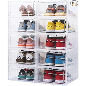 Ersozrin Large Shoe Organizer Stackable with Magnetic Door DVD/CD Storage 4pcs, Clear Shoe Boxes for Closet, Foldable Spacesaving Shoe Rack