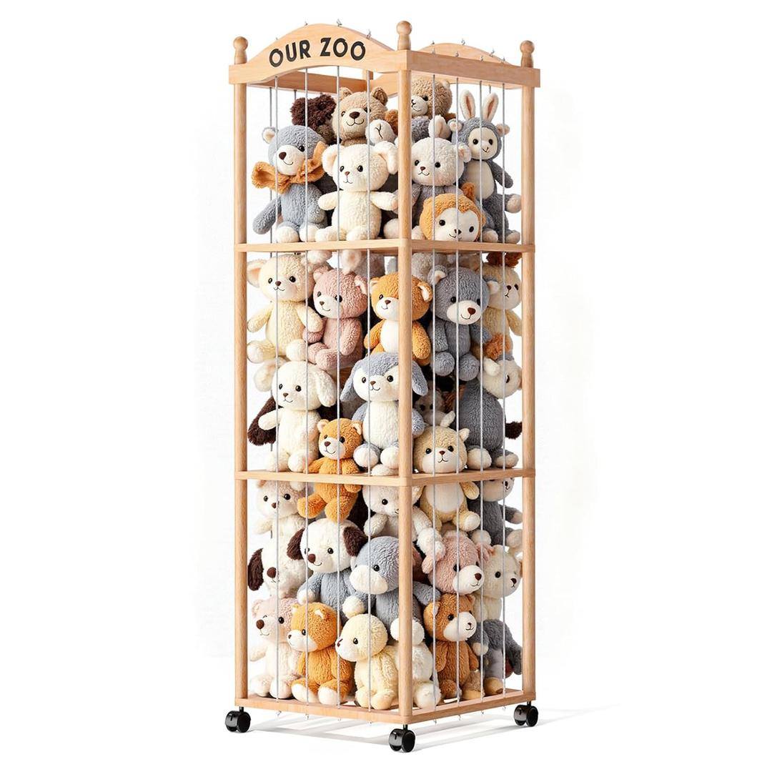 Jumvix Stuffed Animal Storage Zoo Tower, Large Capacity Wooden Stuffed Animal Holder with Wheels, Space-Saving Toy Storage Organizer, Stuffy Plushies Storage for Nursery, Playroom & Bedroom