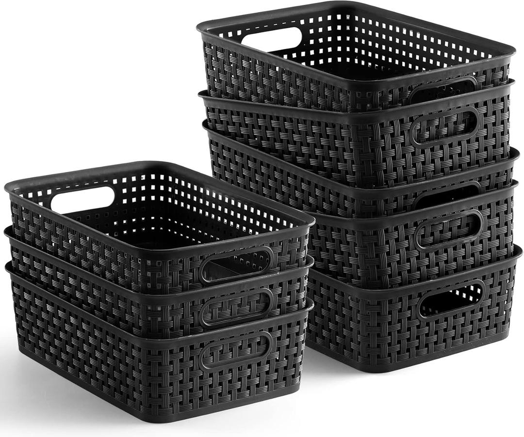 [ 8 Pack ] Plastic Storage Baskets - Small Pantry Organization and Storage Bins - Household Organizers for Laundry Room, Bathrooms, Kitchens, Cabinets, Countertops, Under Sink or On Shelves - Black